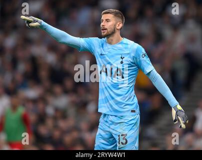 London, UK. 30th Sep, 2023  - Tottenham Hotspur v Liverpool - Premier League - Tottenham Hotspur Stadium. Tottenham Hotspur goalkeeper Guglielmo Vicario during the match against Liverpool.                      Picture Credit: Mark Pain/Alamy Live News Stock Photo