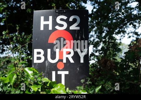 FILE PICS. 2nd October, 2023. Sky News have today, 2nd October 2023, reported from the Conservative Party Conference in Manchester that the High Speed Rail 2 Northern Leg from Birmingham to Manchester has been cancelled. Wendover Dean, Aylesbury, Buckinghamshire, UK. 14th September, 2023. Anti HS2 signs in Wendover Dean, Aylesbury, Buckinghamshire. Construction of the HS2 High Speed Rail Phase 1 from London to Birmingham is continuing in the Chilterns, however, the Euston Terminus has been mothballed due to rising costs. Credit: Maureen McLean/Alamy Live News Stock Photo