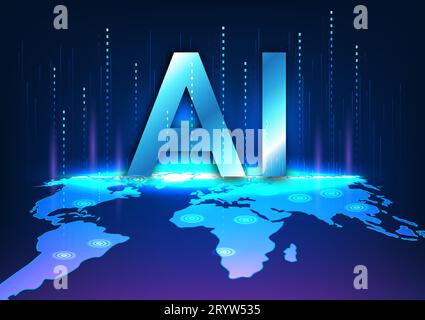 Immerse in artificial intelligence technology with a technology concept. The letter "AI" atop the world map, with rising connection lines, portrays th Stock Vector
