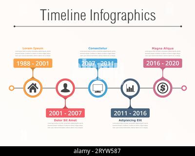Horizontal timeline infographics template with dates and place for your ...
