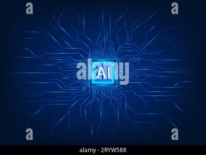 Power of Artificial intelligence technology with this futuristic vector illustration. A blue-toned microchip surrounded by a circuit board signifies t Stock Vector