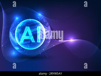 Synergy between artificial intelligence and current technology. With the letter AI inside a technology circle and overlapping lines, it represents the Stock Vector