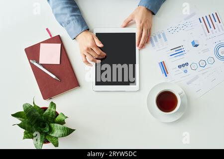 Flatlay of hands of young businesswoman with tablet sitting by desk with cup of tea or coffee, financial document, green plant and other supplies Stock Photo