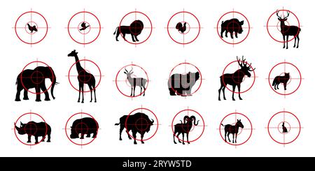 Hunting sport targets, animal silhouettes for hunt shooting range, vector icon. Hunter aim crosshair scope with duck, deer or elk stag and lion with giraffe for safari, grouse or partridge with boar Stock Vector