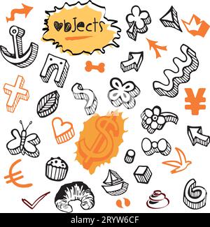 Set of Objects Items Elements Icons with Currency, Euro and Dollar Money Doodles in Various Colors - Vector Design Illustration from Hand Drawn Art Stock Vector