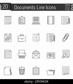 20 paper and documents line icons set, vector eps10 illustration Stock Vector