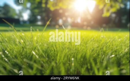 Summer background with blurred bokeh, green grass and sunbeams. Stock Photo