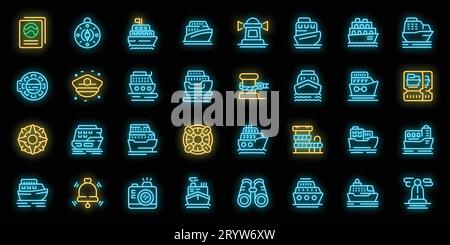 Travel by ship icons set outline vector. Sea boat. Ferry cruise neon color on black Stock Vector