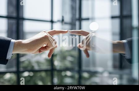 successful businessman touching his finger to the glass Board. Stock Photo