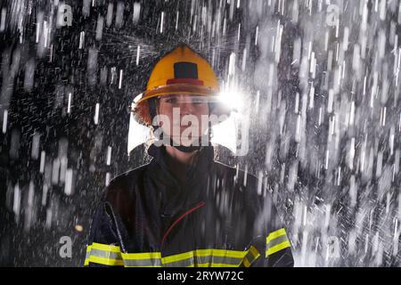 A determined female firefighter in a professional uniform striding through the dangerous, rainy night on a daring rescue mission Stock Photo