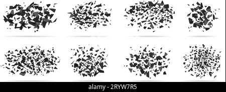 Particles shatter and burst. Black explosion, glass or plastic broken. Bursts destructions, explode effect with geometry confetti, racy vector set Stock Vector