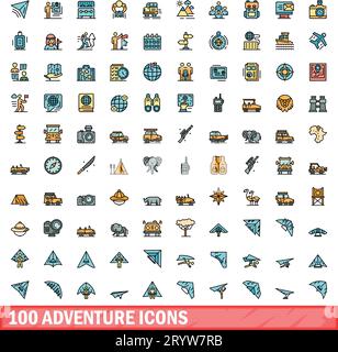 100 adventure icons set. Color line set of adventure vector icons thin line color flat on white Stock Vector