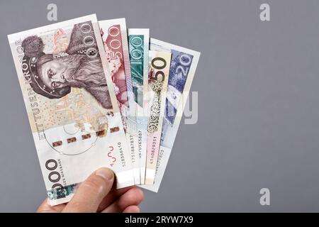 Old Swedish money - krona in the hand on a gray background Stock Photo ...