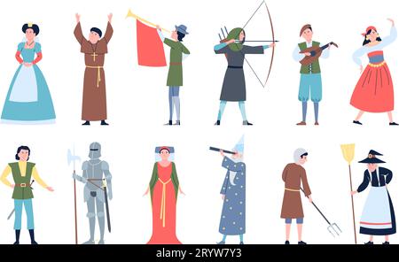 Medieval characters. Queen and knight, young prince and gypsy dancer. Archer and troubadour, cassock priest and witch flat recent vector fairy tale Stock Vector