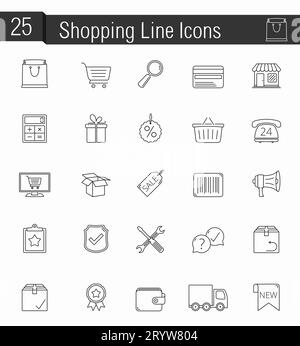 25 shopping or e-commerce line icons, vector eps10 illustration Stock Vector