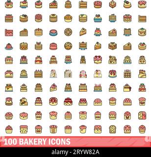 100 bakery icons set. Color line set of bakery vector icons thin line color flat on white Stock Vector