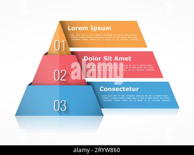 Pyramid chart with three elements with numbers and text, pyramid infographic template, pyramid diagram for presentations, vector eps10 illustration Stock Vector