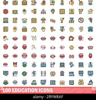 100 education icons set. Color line set of education vector icons thin line color flat on white Stock Vector