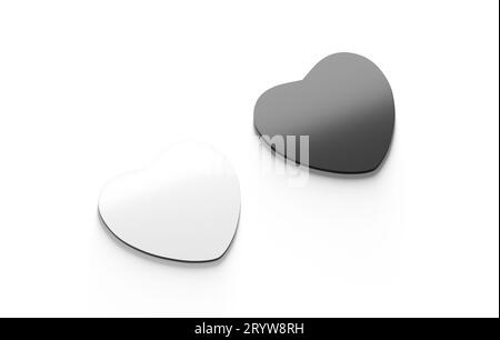 Blank black and white heart fridge magnet mockup, side view, 3d rendering. Empty hanging magnetite hearts souvenir mock up, isolated. Clear silicone p Stock Photo