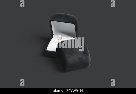 Blank black box with diamond ring stack mockup, dark background, 3d rendering. Empty plush compact square case for engagement jemstone mock up. Clear Stock Photo