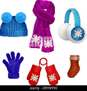Realistic 3d Hat With A Pompom Scarf And Mitten Set Vector Stock