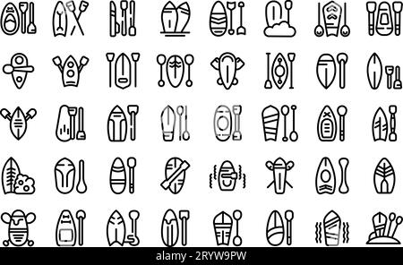 Paddle board icons set outline vector. Sup board water. Beach activity Stock Vector