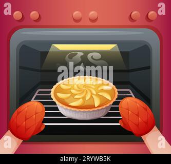 Pie from oven. Hands in fireproof gloves take cake out cooker, rustic cuisine or home bakery concept, bake fruit tart making, cartoon pastry food on tray garish vector illustration of food in oven Stock Vector
