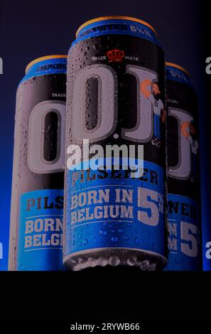 Mansfield,Nottingham,United Kingdom,30 September 2023:Studio product image of cans of O.J Pilsner, O.J Pilsner is produced by Liquor Zaar. Stock Photo