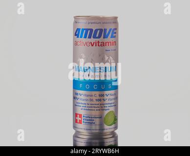 Mansfield,Nottingham,United Kingdom,2nd Octoberv 2023:Studio product image of a can of 4MOVE energy drink which is produced in Poland. Stock Photo