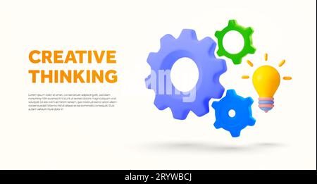 3d creative thinking banner with cogs and light bulb. New idea, brainstorming and solution landing page concept. 3d rendered gears icon isolated on background. 3d vector illustration. Vector illustration Stock Vector