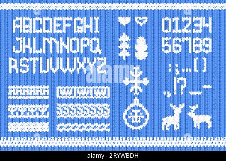 Sweater font. Crocheted sweaters letters knitting font, ugly folk christmas jumper embroidery design norway xmas party, crochet wool pattern vector illustration of sweater crochet design pattern Stock Vector