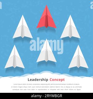 Red paper airplane as a leader among white airplanes, leadership, teamwork, motivation, stand out of the crowd concept, vector eps10 illustration Stock Vector