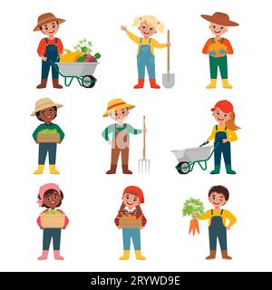 Happy Kids Harvesting Fruits and Vegetables. Set of working smiling children Stock Vector