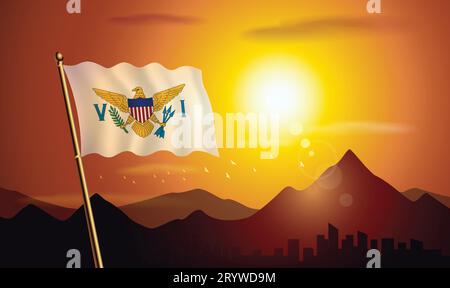 Us Virgin Islands flag with sunset background of mountains and lakes Stock Vector