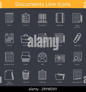 20 paper and documents line icons set, vector eps10 illustration Stock Vector