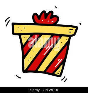 Cute doodle Gift sticker. Hand-drawn striped present isolated on white background. Surprise in red wrapping paper with bow. Holiday, New Year, Christm Stock Vector