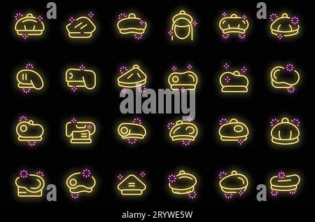 Beret icons set outline vector. French hat. Cap wool neon color on black Stock Vector