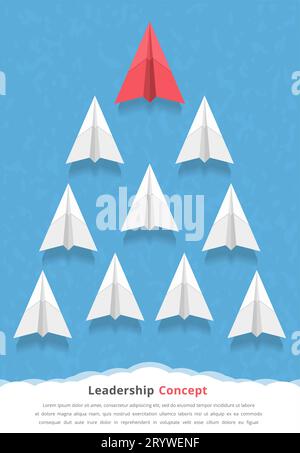 Red paper airplane as a leader among white airplanes, leadership, teamwork, motivation, stand out of the crowd concept, vector eps10 illustration Stock Vector