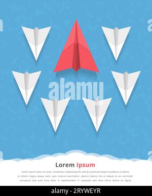 Big red paper airplane as a leader among white airplanes, leadership, teamwork, motivation, stand out of the crowd concept, vector eps10 illustration Stock Vector