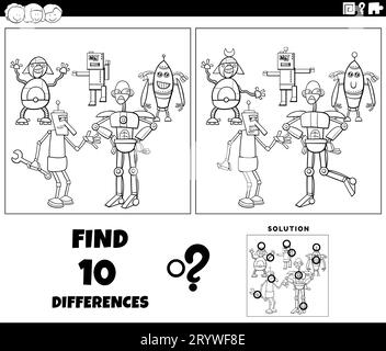 Black and white cartoon illustration of finding the differences between pictures educational game with robots characters group coloring page Stock Photo