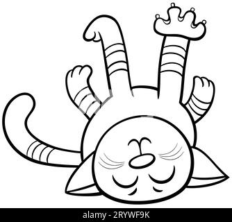 Black and white cartoon illustration of happy tabby kitten comic animal character coloring page Stock Photo
