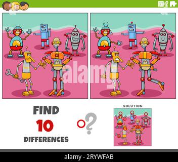 Cartoon illustration of finding the differences between pictures educational game with robots characters group Stock Photo