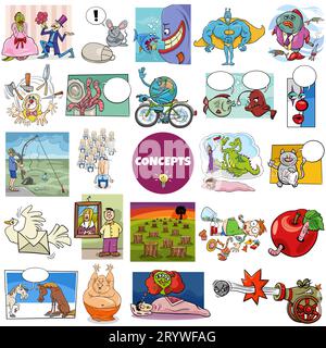 Illustration big set of humorous cartoon concepts or metaphors and ideas with comic characters Stock Photo