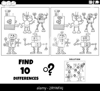 Black and white cartoon illustration of finding the differences between pictures educational activity with robots characters group coloring page Stock Photo