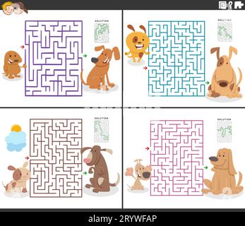 Cartoon illustration of educational maze puzzle activities set with dogs and puppies Stock Photo