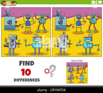 Cartoon illustration of finding the differences between pictures educational activity with robots characters group Stock Photo