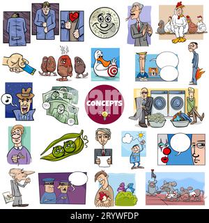 Illustration big set of humorous cartoon concepts or metaphors and ideas with comic characters Stock Photo