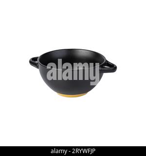 Black ceramic bowl with handle isolated over white background. Stock Photo