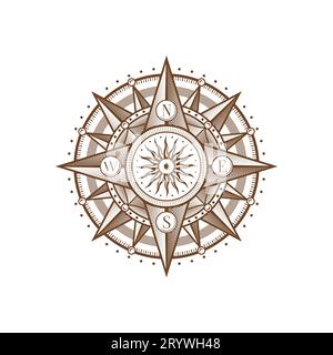 Vintage Medieval antique wind rose compass with arrows, vector marine navigation symbol. Retro wind rose compass with north, east, west and east star arrows, nautical cartography and sailing symbol Stock Vector