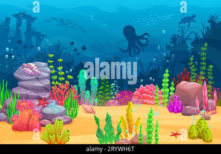 Underwater landscape game assets, fish shoal, stones and treasure chest ...